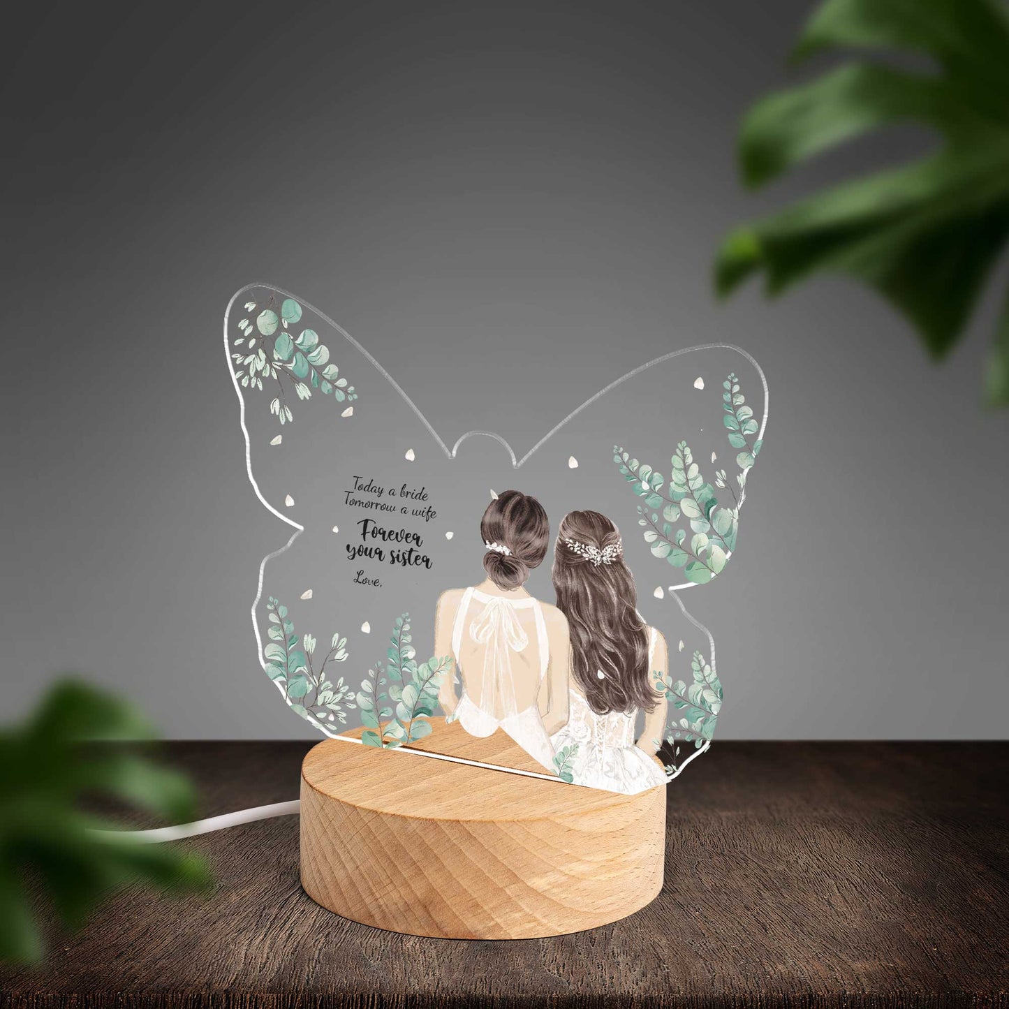 Personalised Sisters Wedding Day Custom Shape Photo Night Light (Beech wood base)