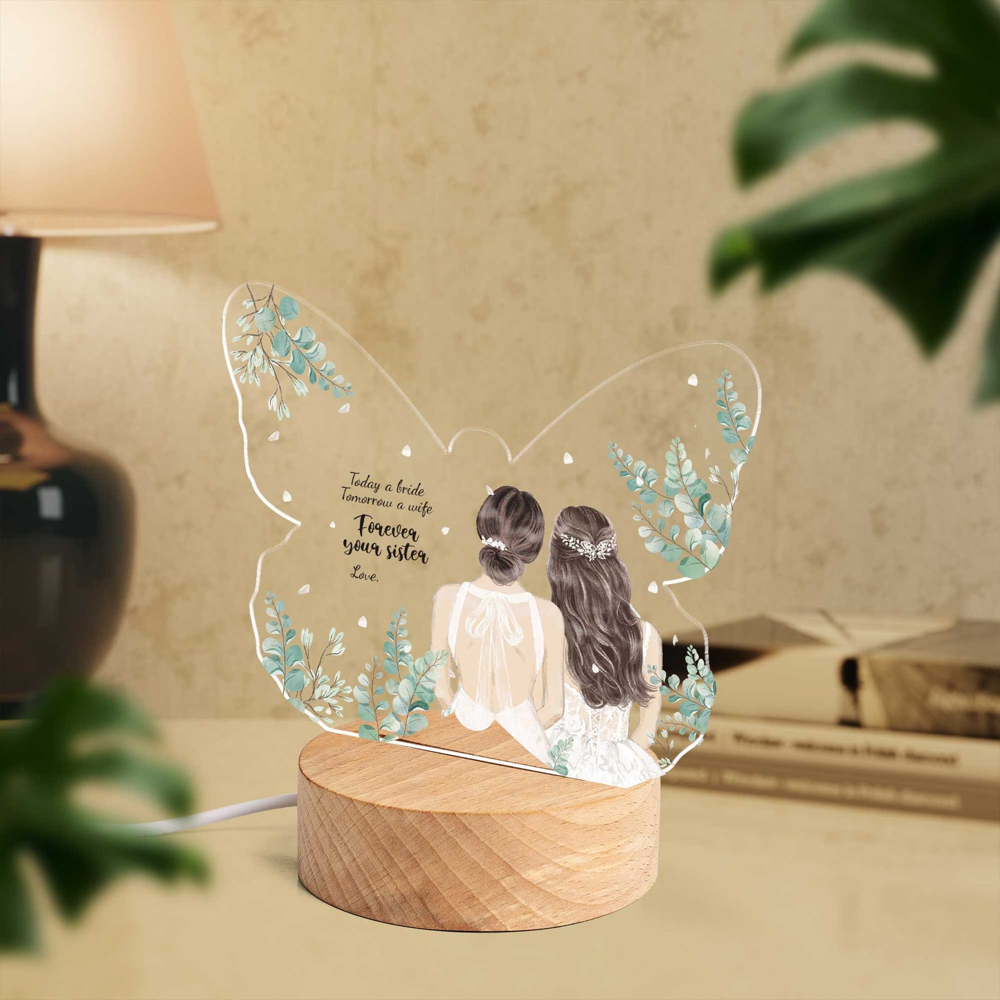 Personalised Sisters Wedding Day Custom Shape Photo Night Light (Beech wood base)