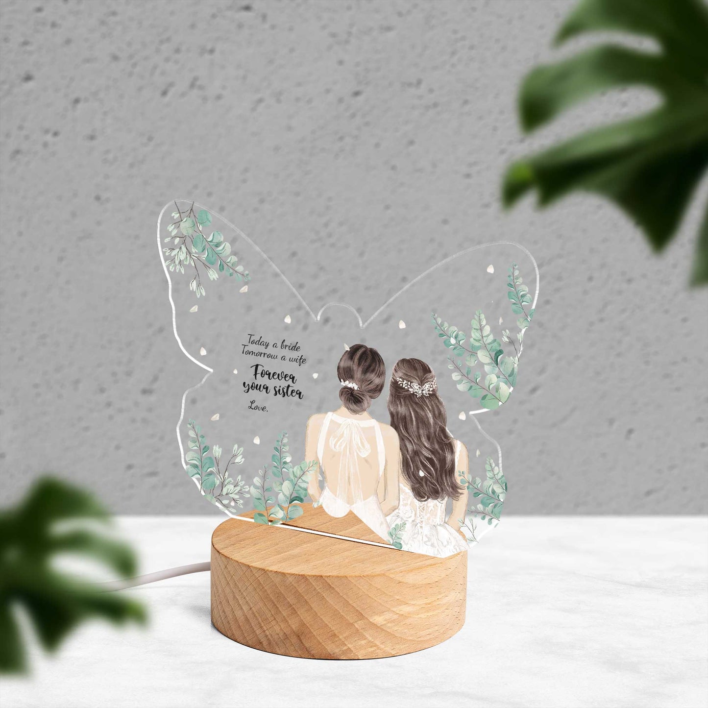 Personalised Sisters Wedding Day Custom Shape Photo Night Light (Beech wood base)
