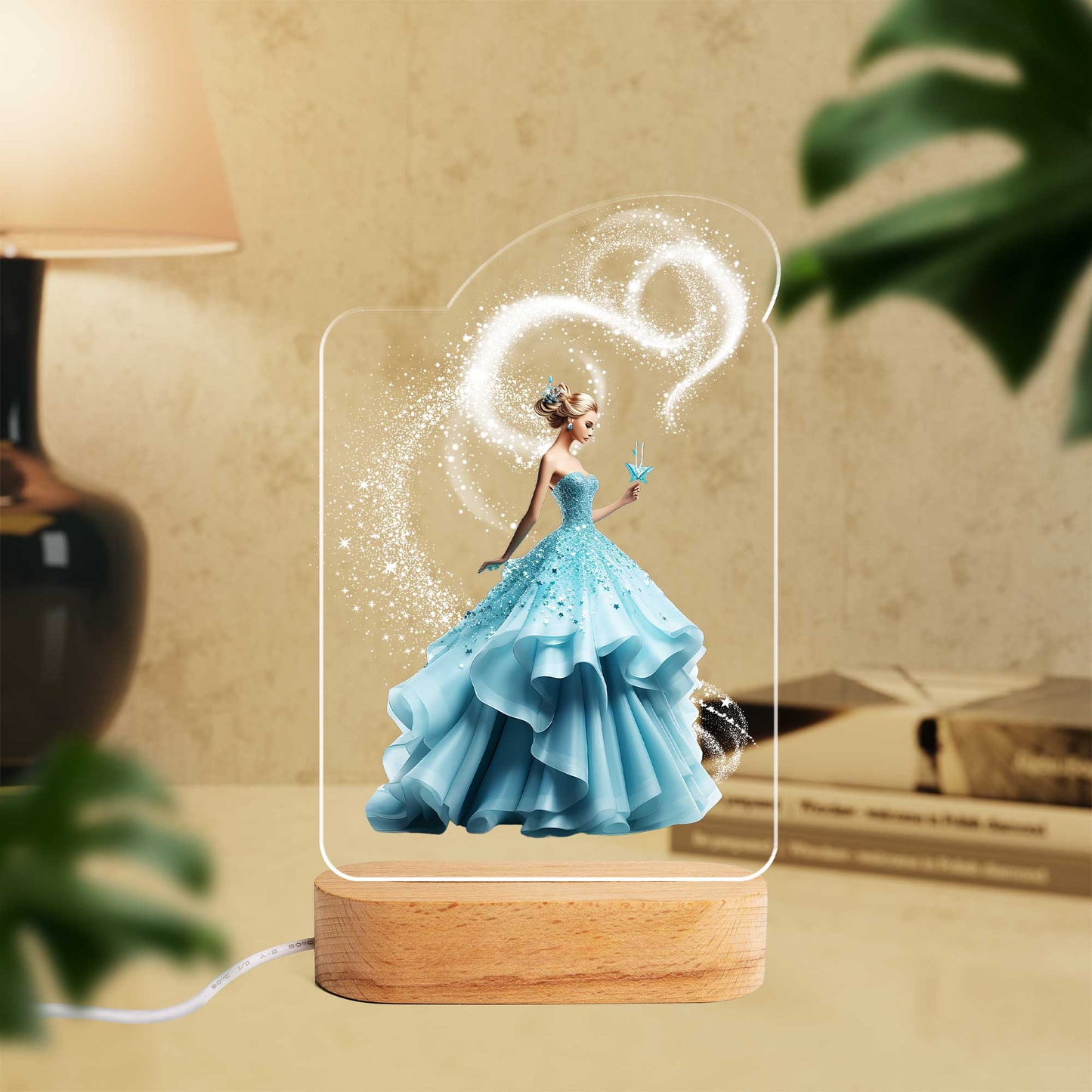 Personalised Princess Blue Custom Shape Photo Night Light (Beech wood base)