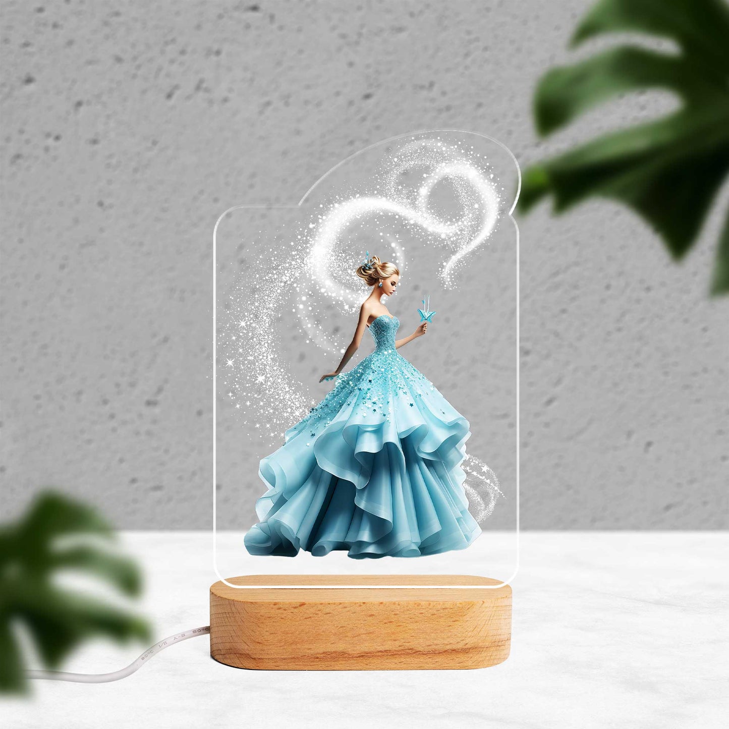Personalised Princess Blue Custom Shape Photo Night Light (Beech wood base)