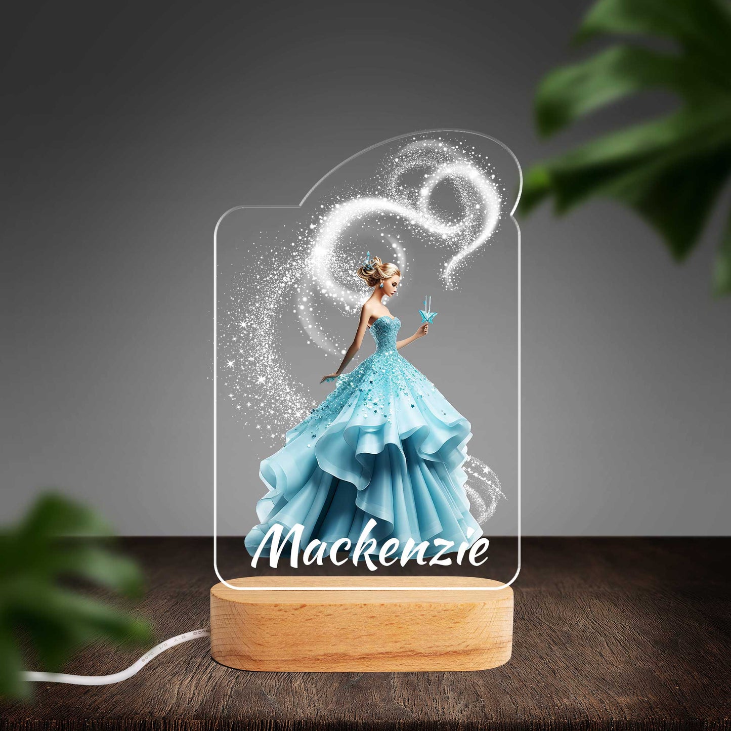 Personalised Princess Blue Custom Shape Photo Night Light (Beech wood base)
