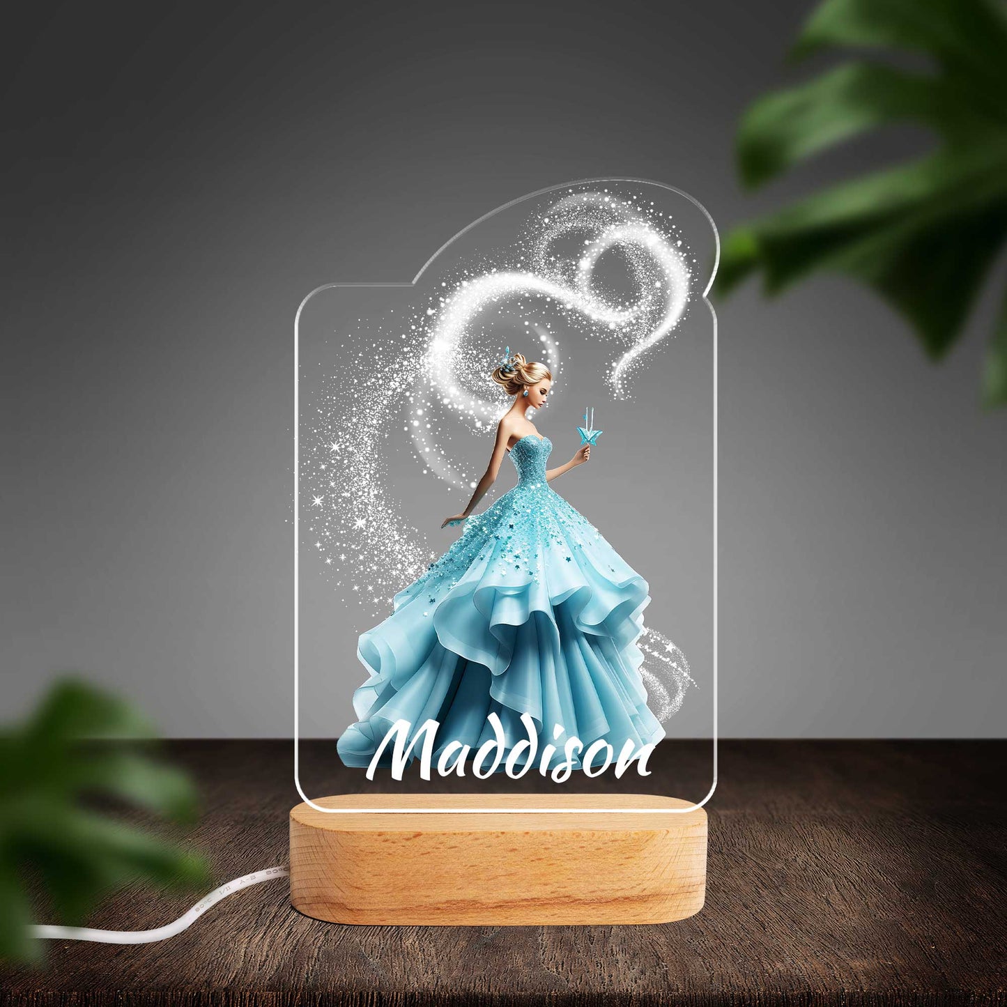 Personalised Princess Blue Custom Shape Photo Night Light (Beech wood base)