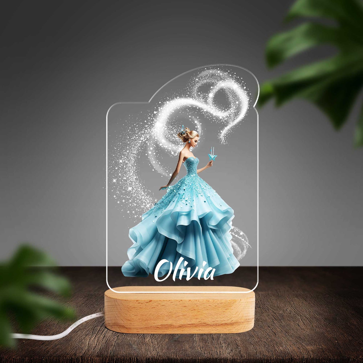 Personalised Princess Blue Custom Shape Photo Night Light (Beech wood base)