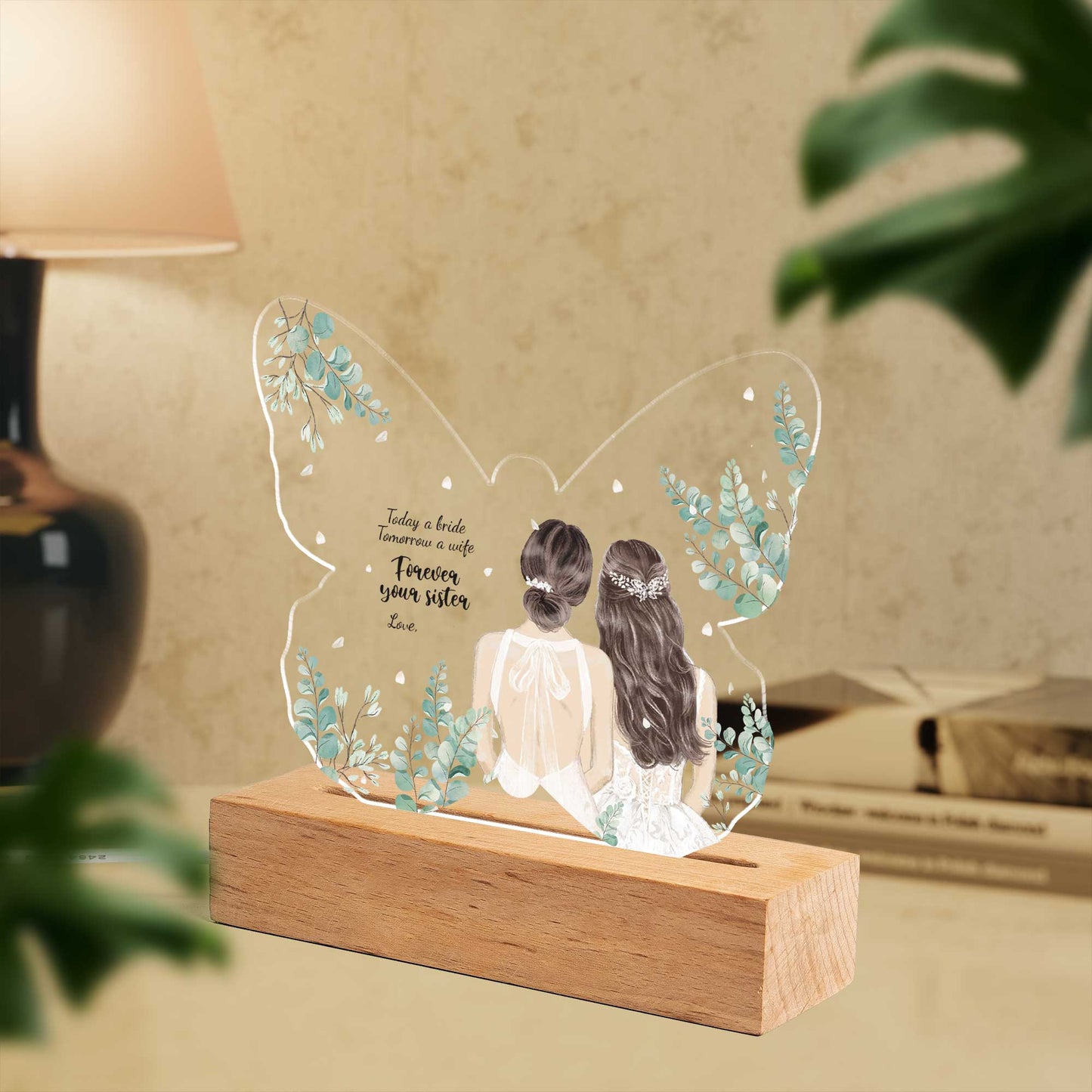 Personalised Sisters Wedding Day Custom Shape Photo Night Light (Beech wood base)