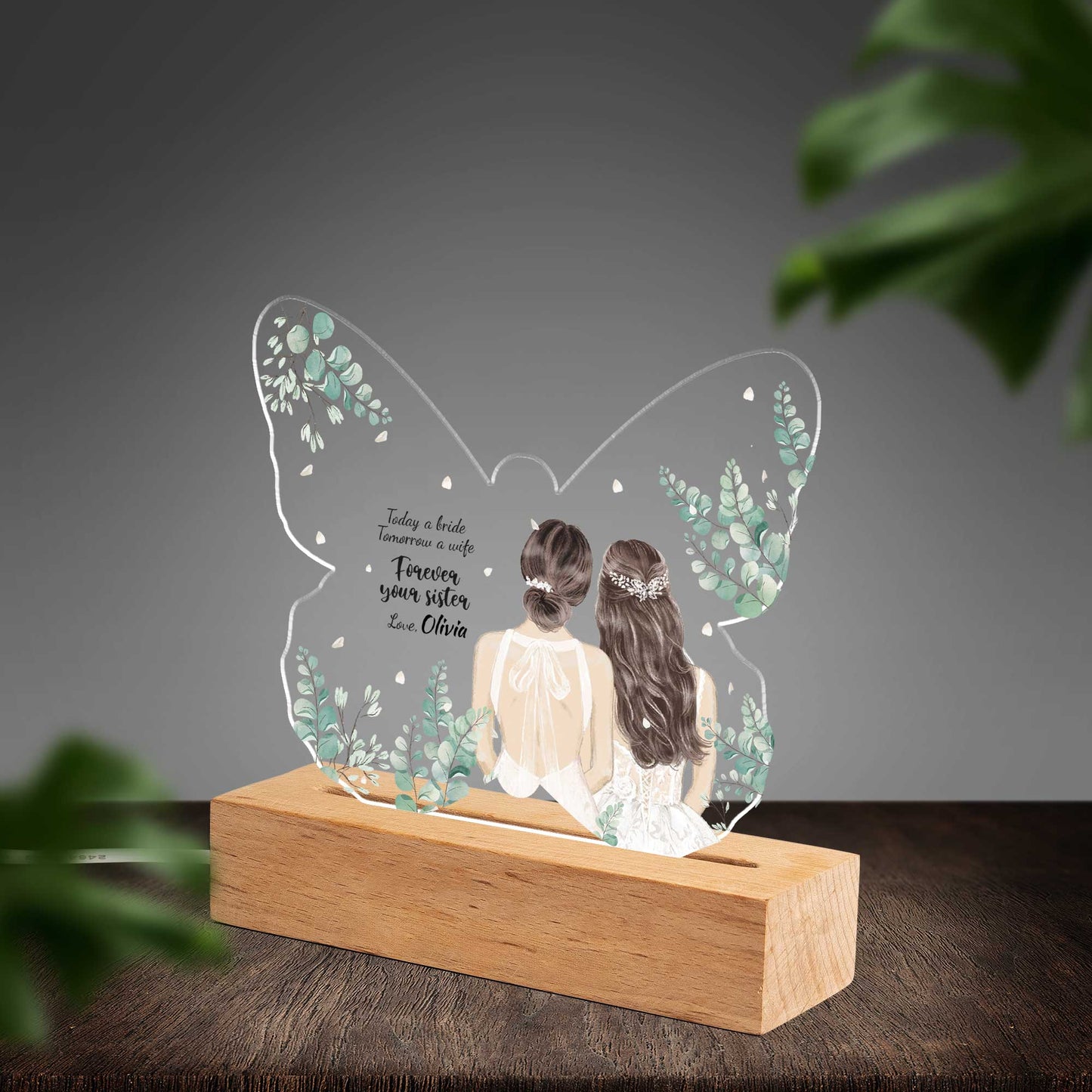 Personalised Sisters Wedding Day Custom Shape Photo Night Light (Beech wood base)