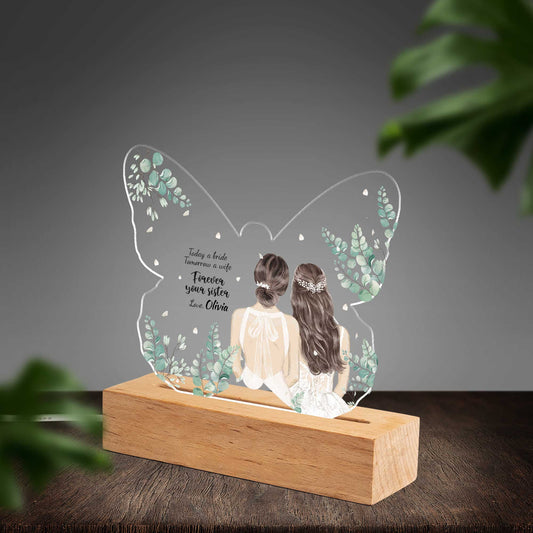 Personalised Sisters Wedding Day Custom Shape Photo Night Light (Beech wood base)