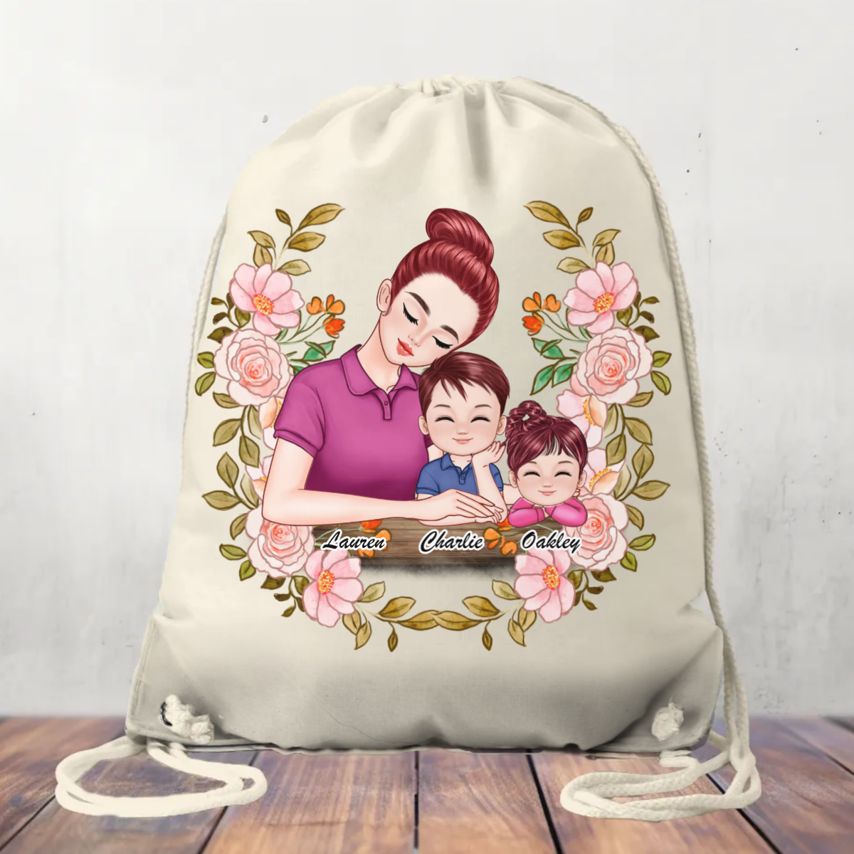 Canvas Drawstring Bag Mum and Children