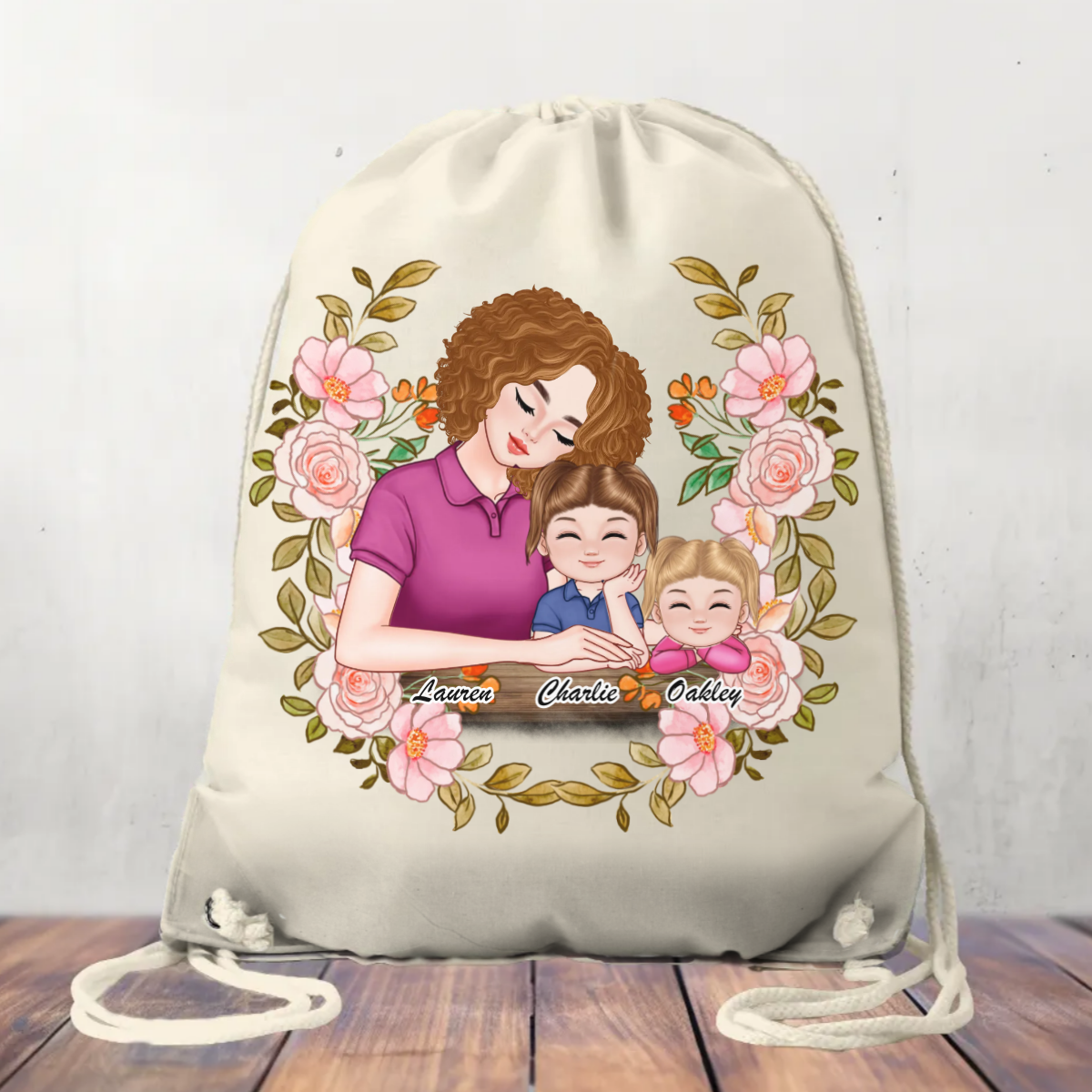 Canvas Drawstring Bag Mum and Children