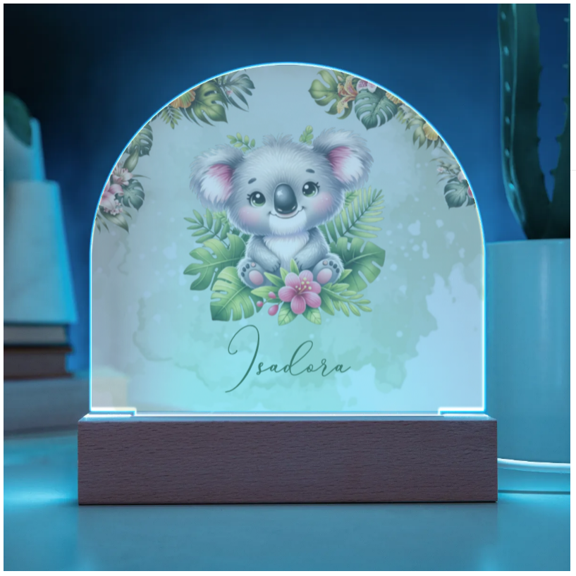 Personalised Tropical Koala Acrylic Dome Plaque - Wooden Base - Night Light