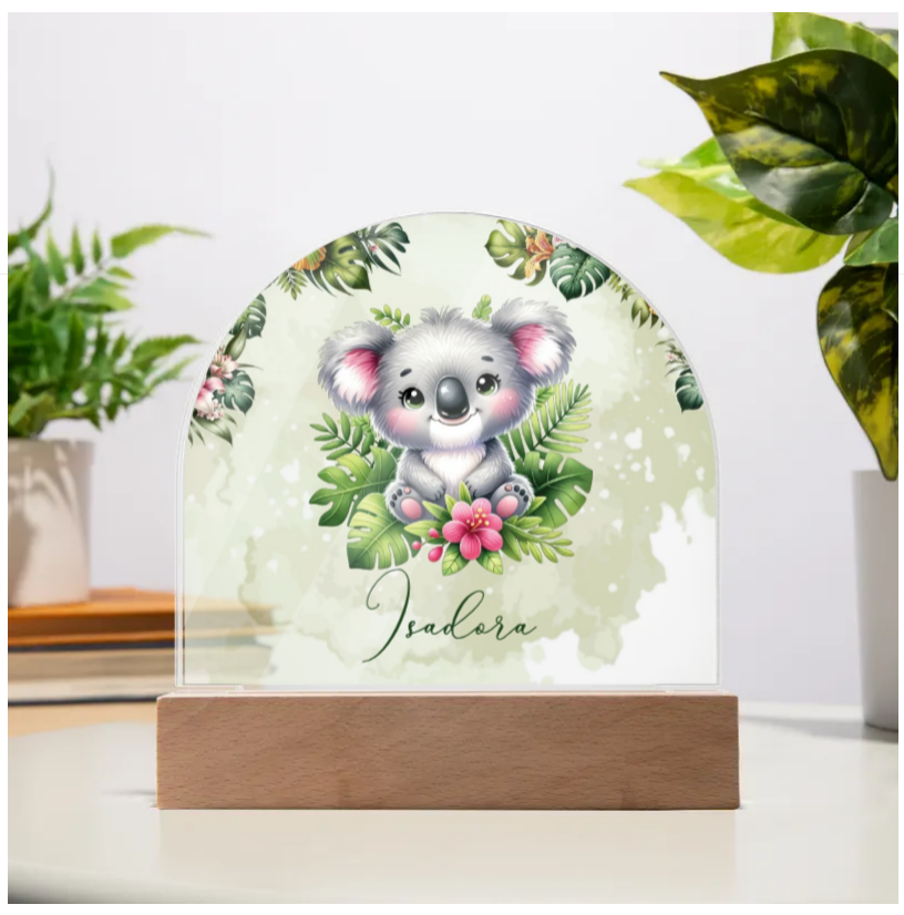 Personalised Tropical Koala Acrylic Dome Plaque - Wooden Base - Night Light