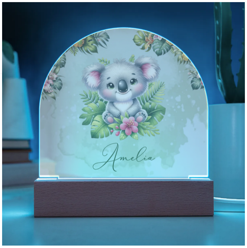 Personalised Tropical Koala Acrylic Dome Plaque - Wooden Base - Night Light