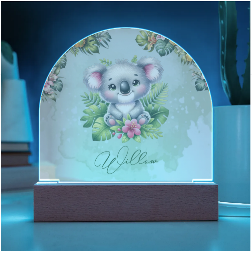 Personalised Tropical Koala Acrylic Dome Plaque - Wooden Base - Night Light