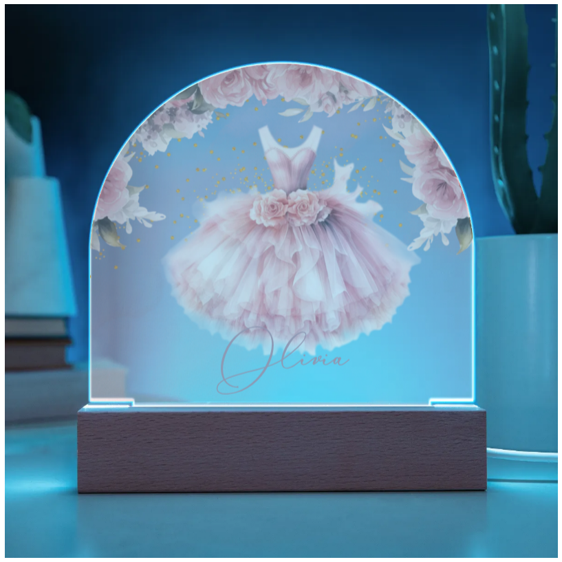 Personalised Ballerina Tutu Acrylic Dome Plaque - Wooden Base - Night Light