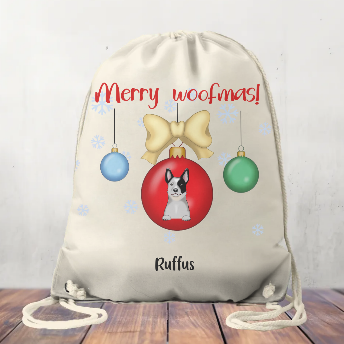 Personalised Canvas Drawstring Bag, Merry Woofmas