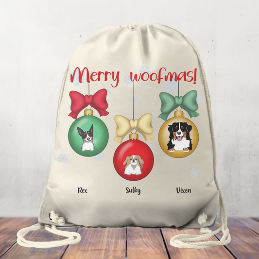 Personalised Canvas Drawstring Bag, Merry Woofmas