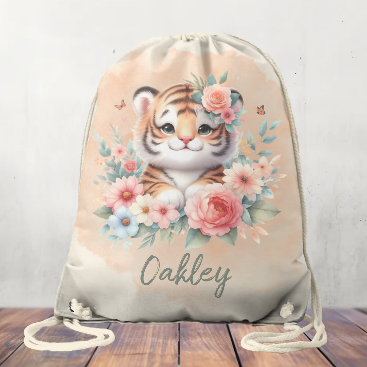 Personalised Canvas Drawstring Bag Tiger Floral