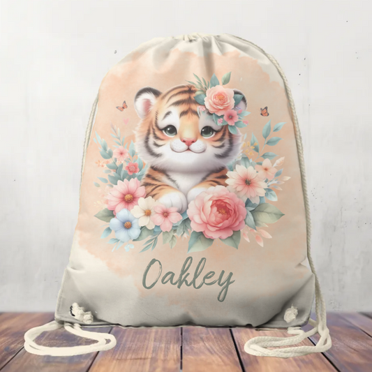 Personalised Canvas Drawstring Bag Tiger Floral