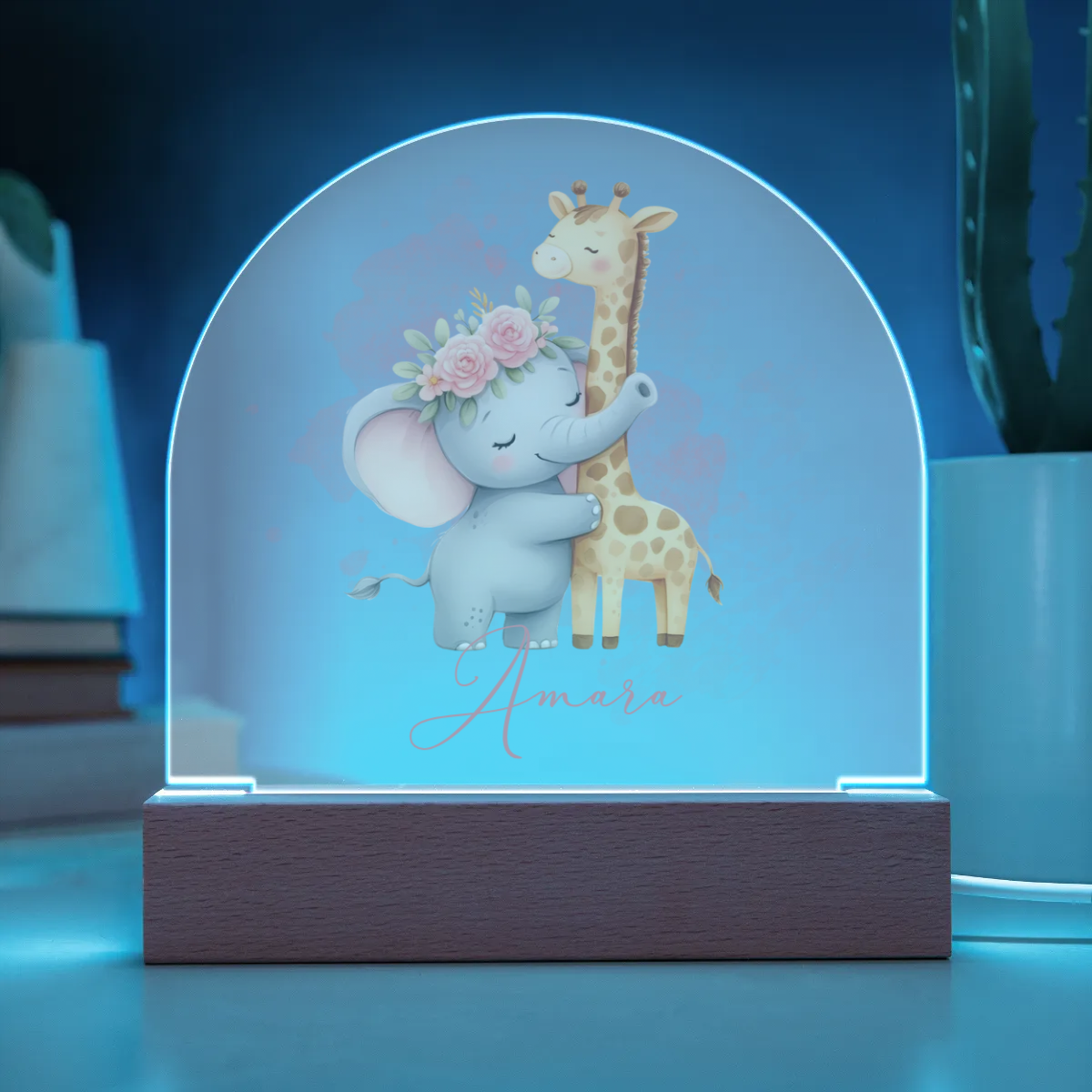 Personalised Elephant & Giraffe Acrylic Dome Plaque Wooden Base Night Light