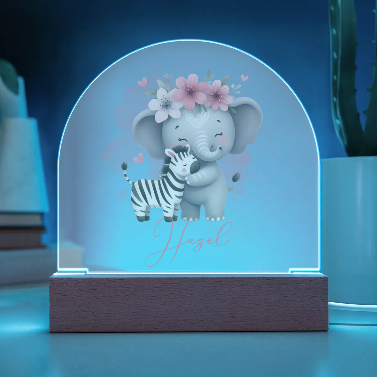 Personalised Elephant and Zebra Acrylic Dome Plaque Wooden Base Night Light