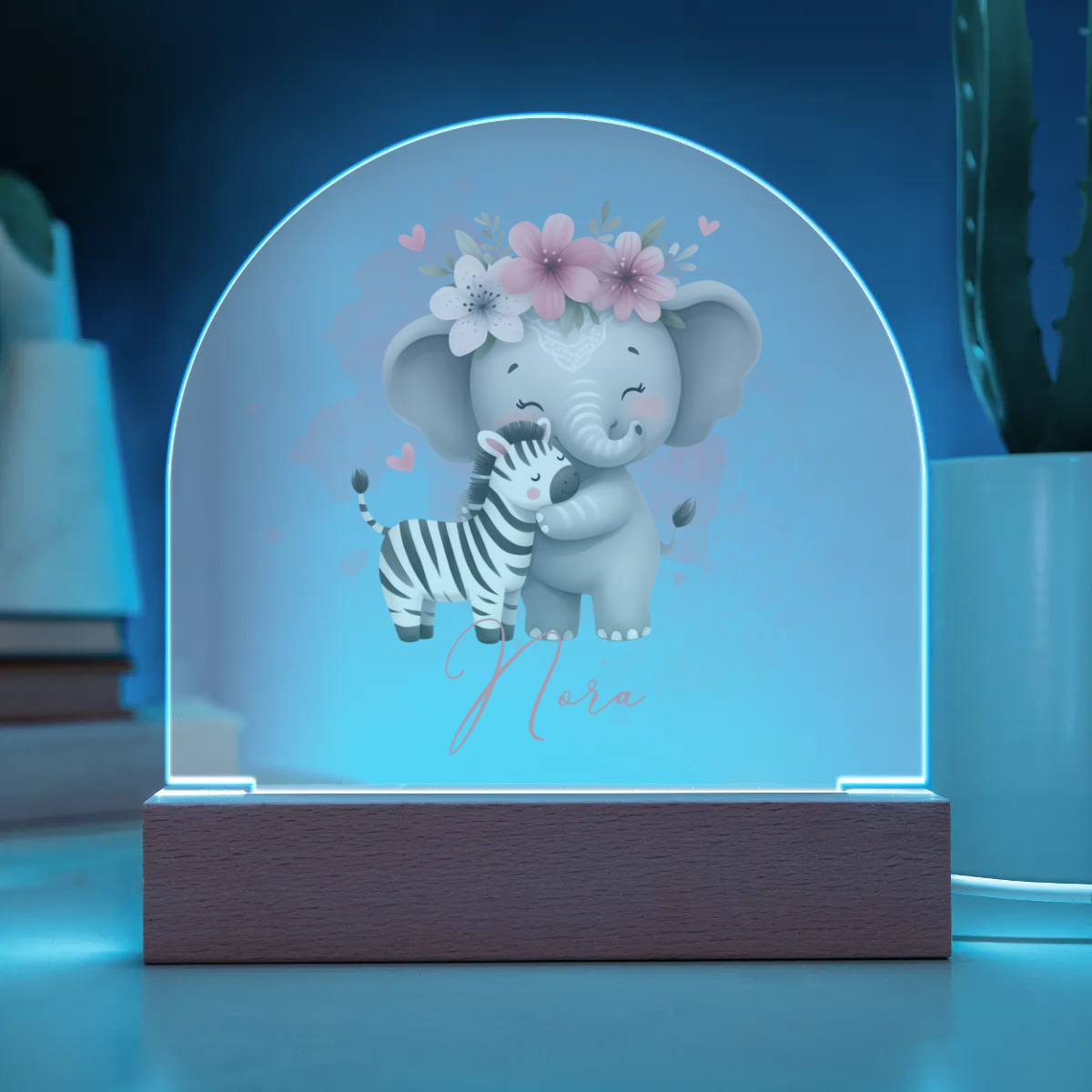 Personalised Elephant and Zebra Acrylic Dome Plaque Wooden Base Night Light