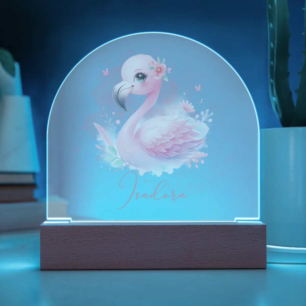 Personalised Flamingo Acrylic Dome Plaque Wooden Plaque Night Light