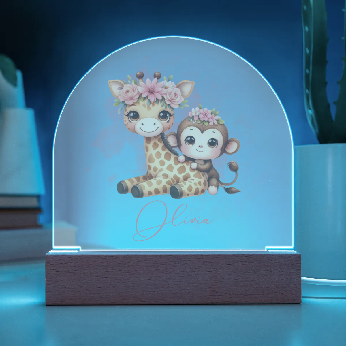 Personalised Giraffe and Monkey Acrylic Dome Plaque Wooden Base Night Light