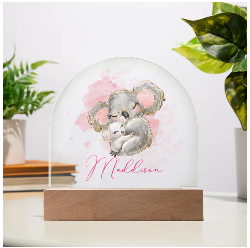 Personalised Koala Acrylic Dome Plaque Wooden Base - Night Light