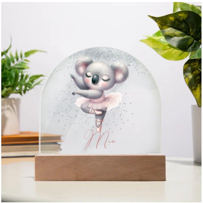 Personalised Koala Ballerina Acrylic Dome Plaque - Wooden Base - Night Light