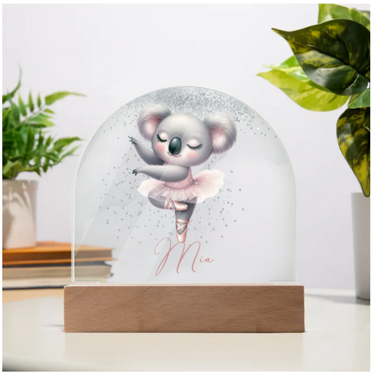 Personalised Koala Ballerina Acrylic Dome Plaque - Wooden Base - Night Light