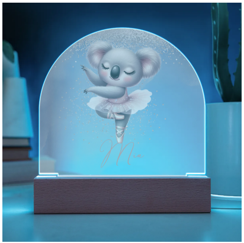 Personalised Koala Ballerina Acrylic Dome Plaque - Wooden Base - Night Light