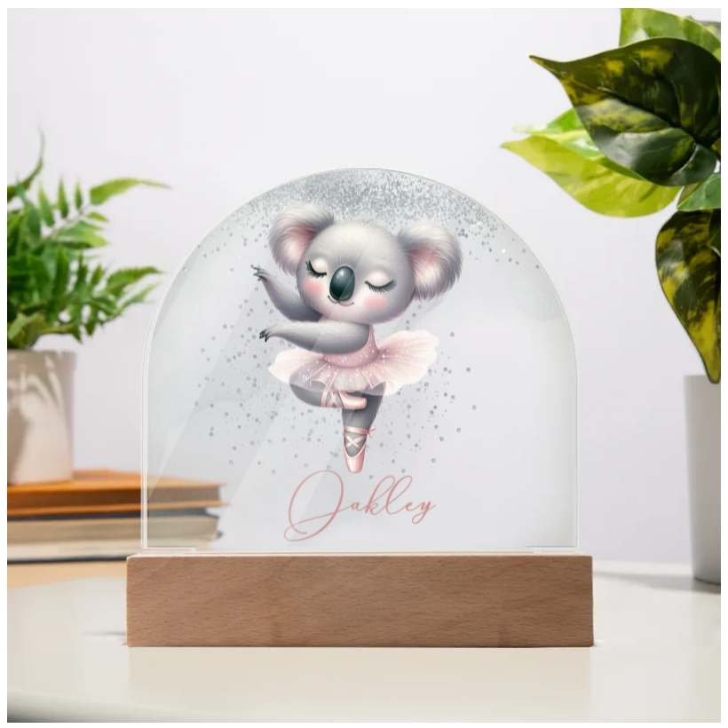 Personalised Koala Ballerina Acrylic Dome Plaque - Wooden Base - Night Light