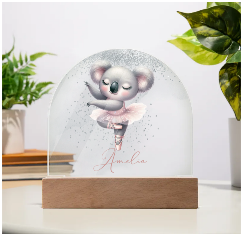 Personalised Koala Ballerina Acrylic Dome Plaque - Wooden Base - Night Light