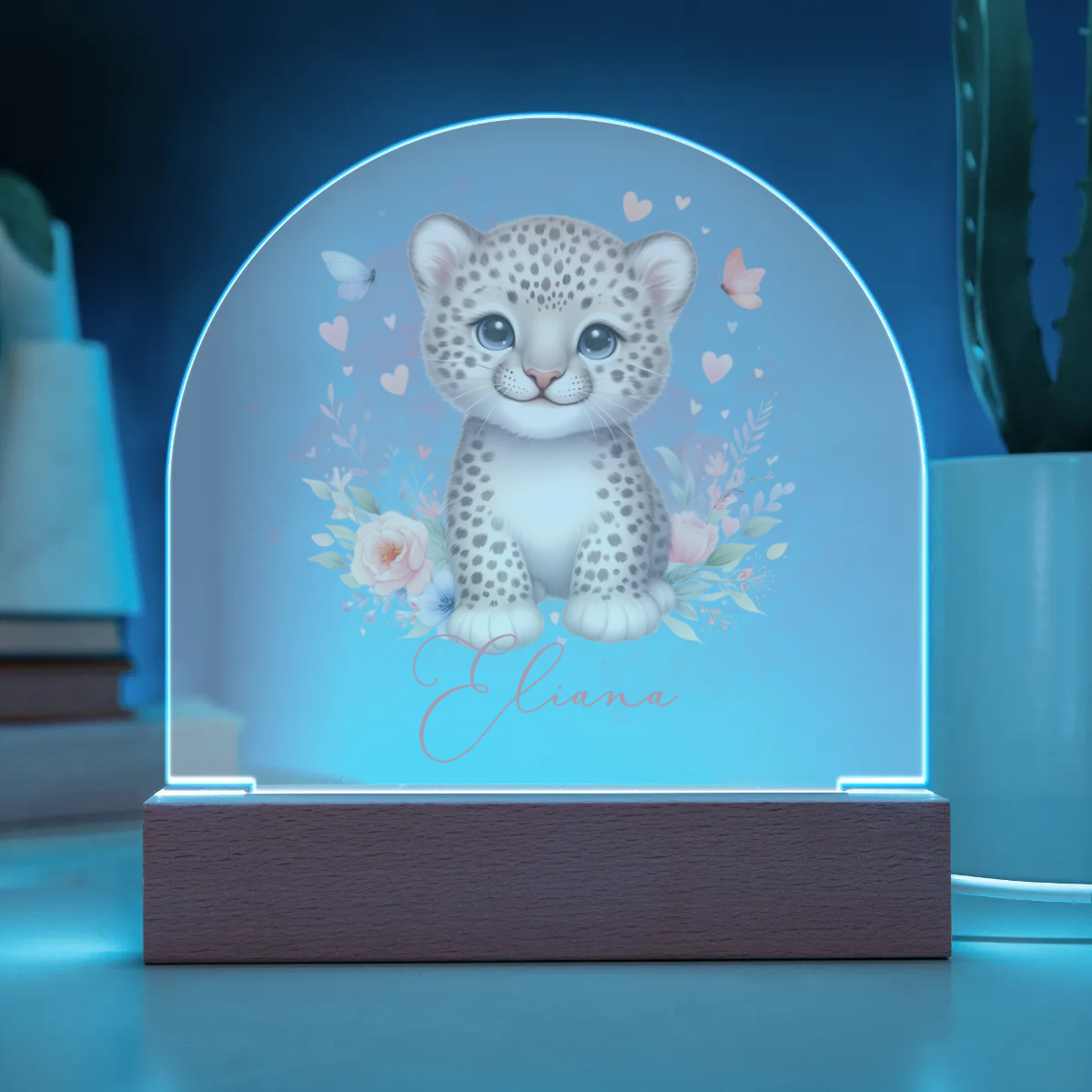 Personalised Leopard Acrylic Dome Plaque Wooden Base Night Light