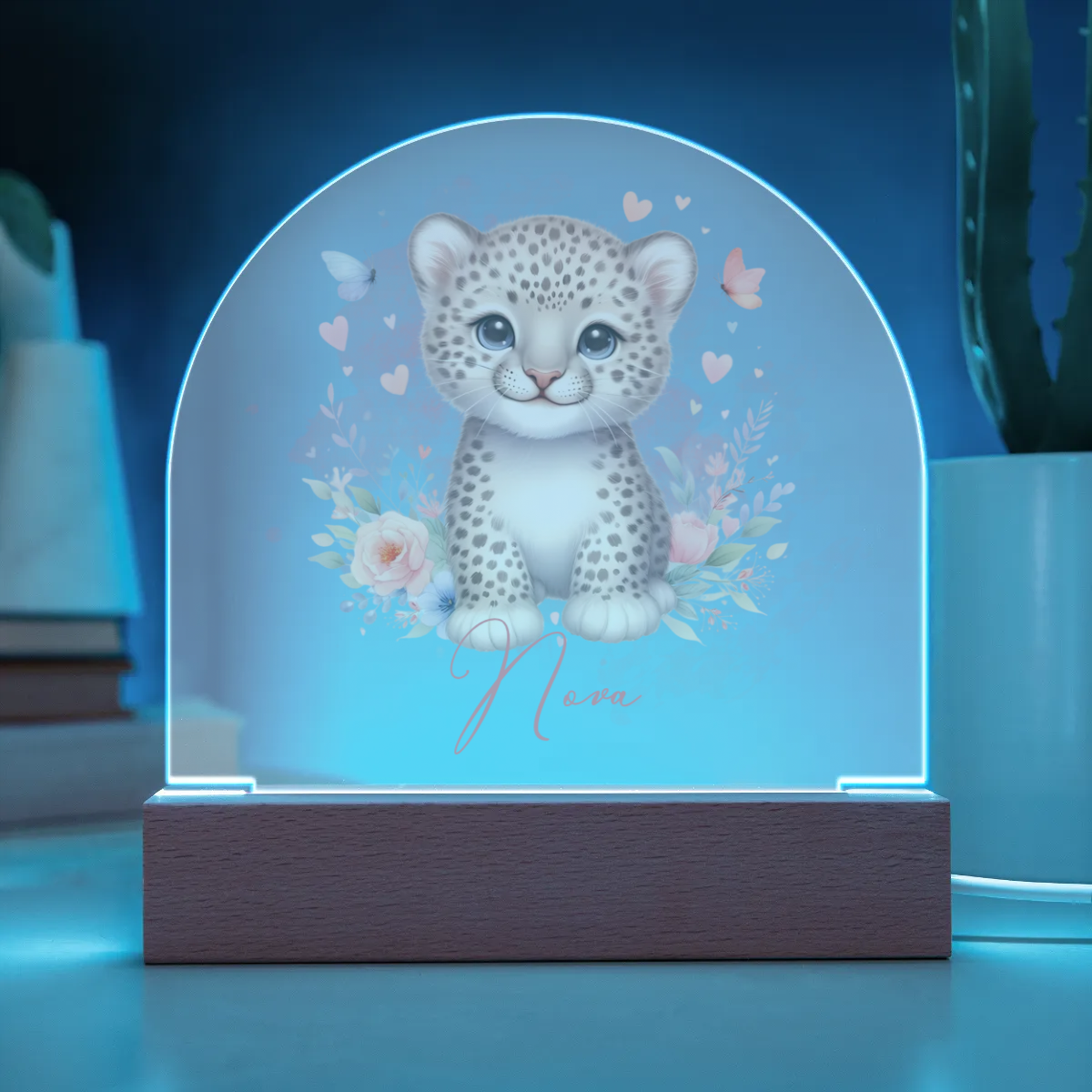 Personalised Leopard Acrylic Dome Plaque Wooden Base Night Light
