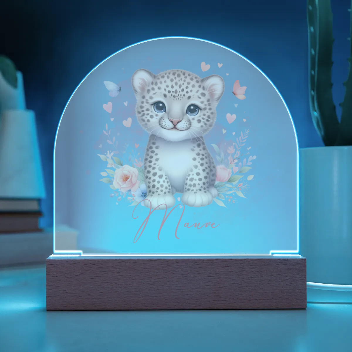 Personalised Leopard Acrylic Dome Plaque Wooden Base Night Light