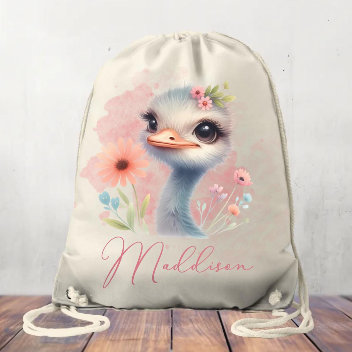 Personalised Ostrich, Canvas Drawstring Bag