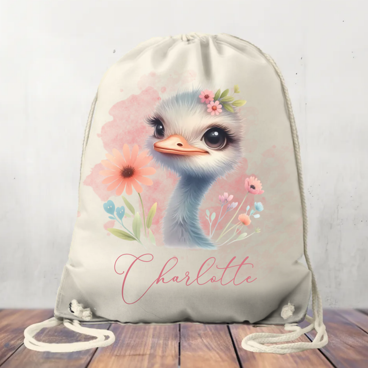 Personalised Ostrich, Canvas Drawstring Bag