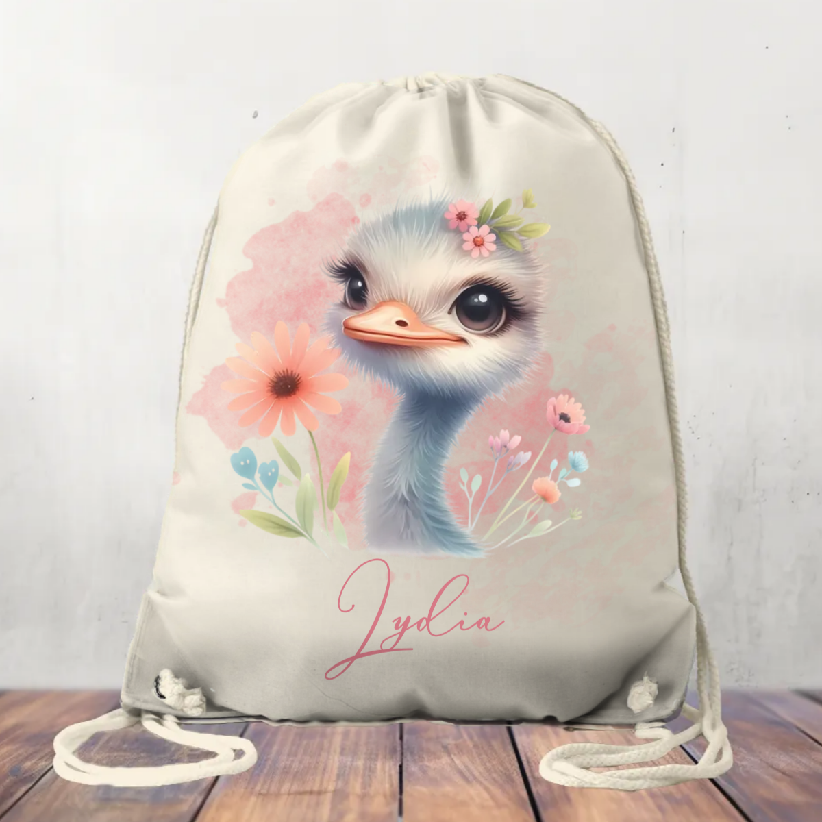 Personalised Ostrich, Canvas Drawstring Bag