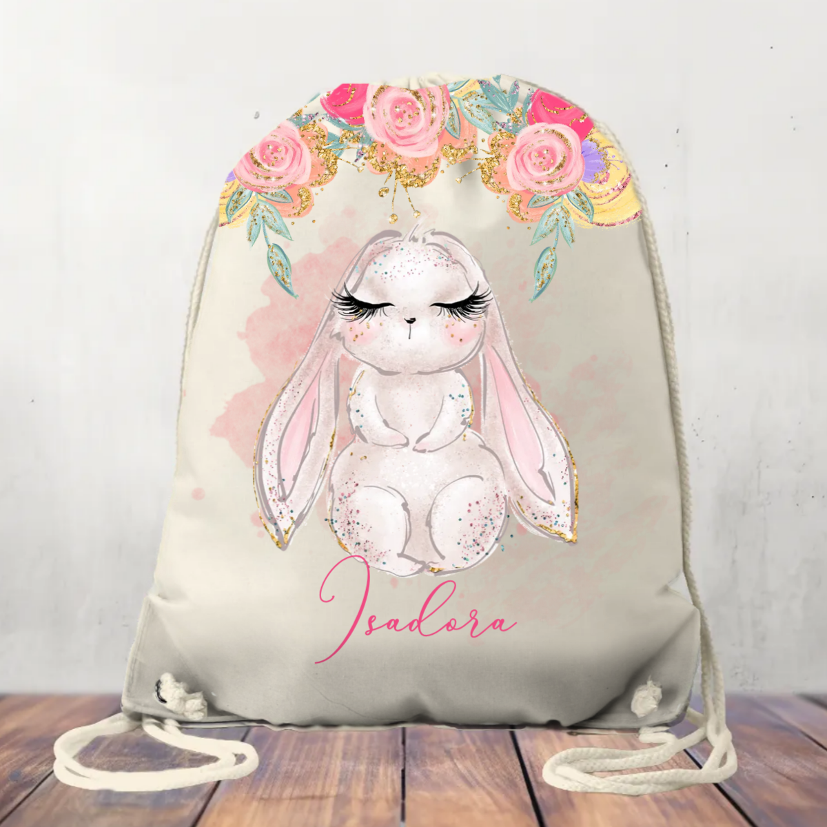 Canvas Drawstring Bag Personalised Rabbit