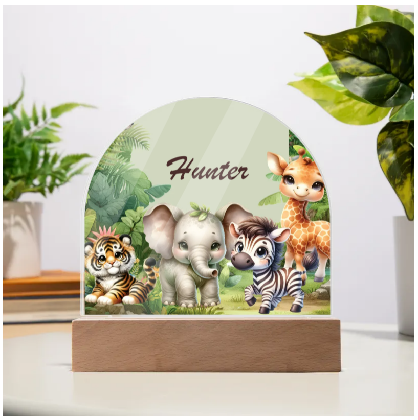 Personalised Safari Acrylic Dome Plaque Wooden Base Night Light