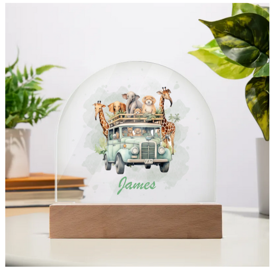 Personalised Safari Jeep Acrylic Dome Plaque Wooden Base Night Light