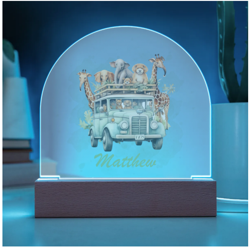 Personalised Safari Jeep Acrylic Dome Plaque Wooden Base Night Light