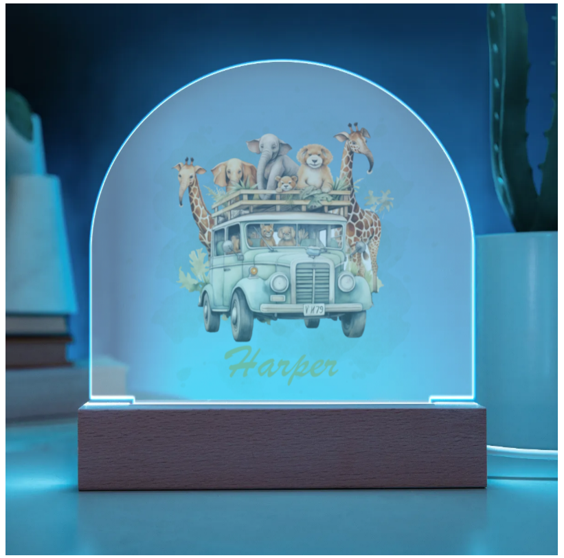 Personalised Safari Jeep Acrylic Dome Plaque Wooden Base Night Light