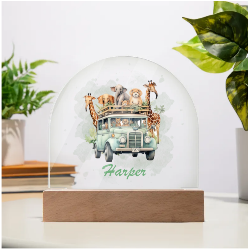 Personalised Safari Jeep Acrylic Dome Plaque Wooden Base Night Light