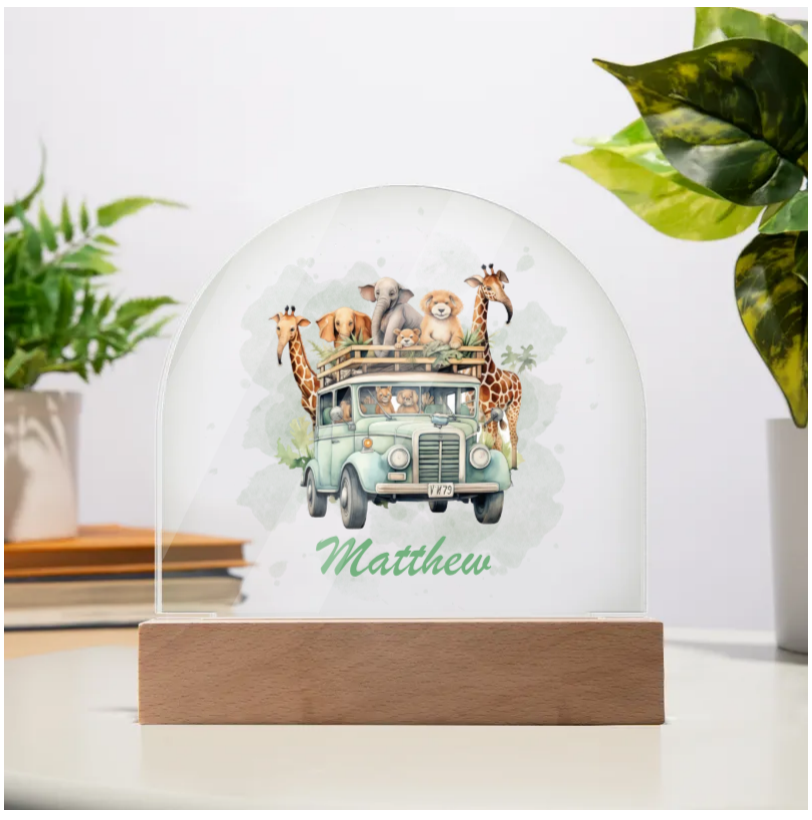 Personalised Safari Jeep Acrylic Dome Plaque Wooden Base Night Light