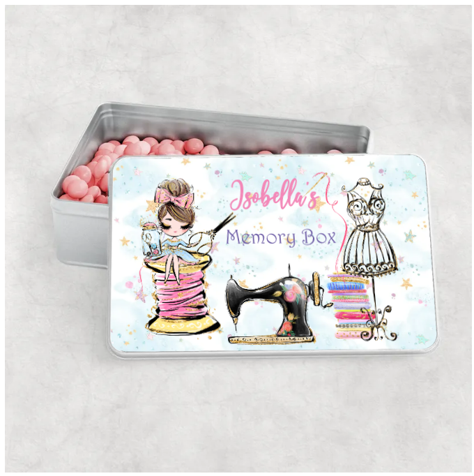 Personalised Storage Tin, Sewing Box, Girl sitting on reel Aluminium Tin