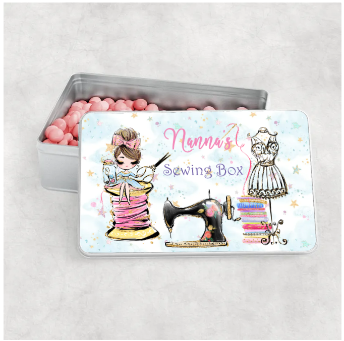 Personalised Storage Tin, Sewing Box, Girl sitting on reel Aluminium Tin