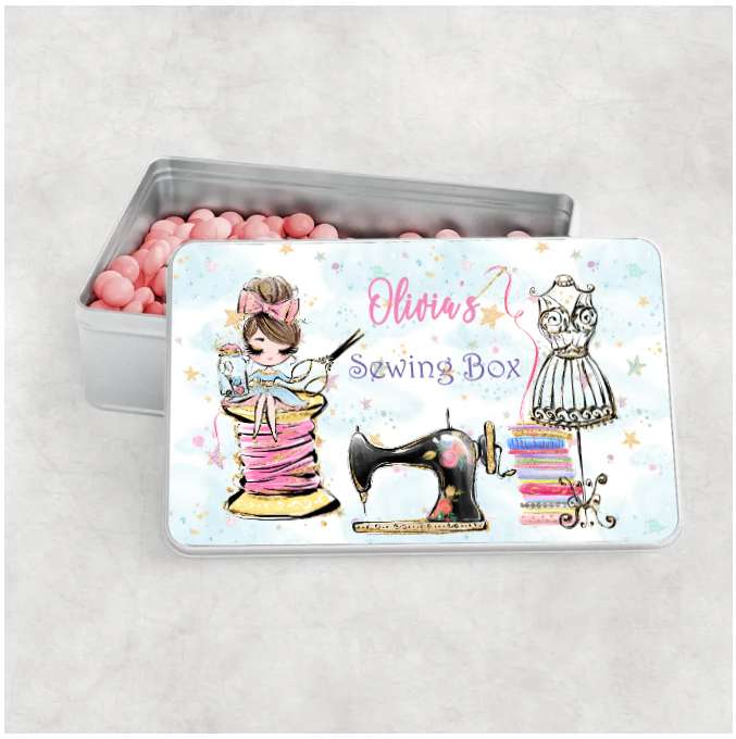 Personalised Storage Tin, Sewing Box, Girl sitting on reel Aluminium Tin