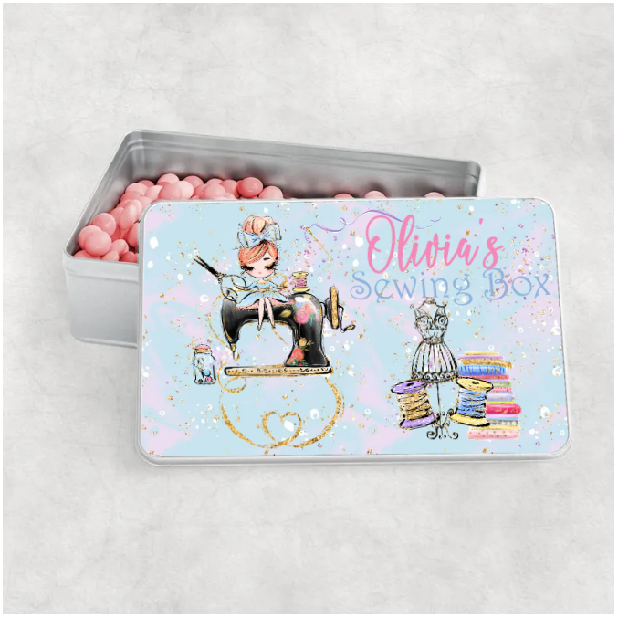 Personalised Storage Tin, Sewing Box, Girl sitting on Machine, Aluminium Tin